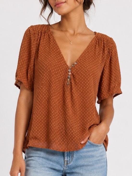 Johnny Was Tops - Johnny Was Brown Swiss Dot Boho Peasant Blouse L Ruffle V-Neck Top